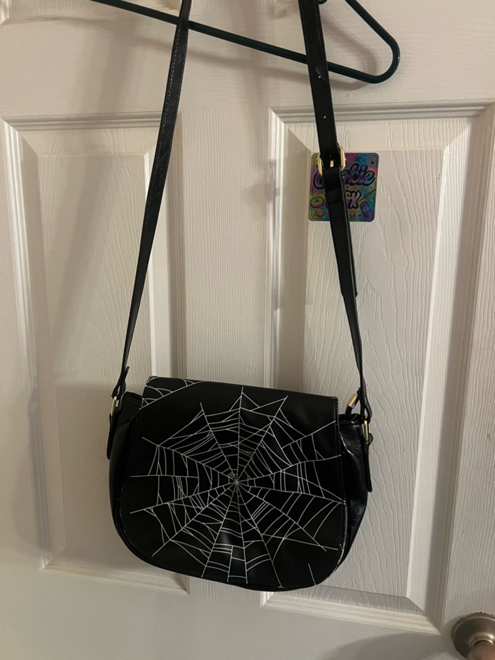 Black Spiderweb Crossbody Bag with White Print - Picture 2 of 5